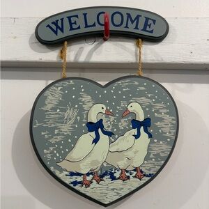 Vintage White Goose with Blue Bow & Snow Welcome Sign 1980s Decor Cottage Core